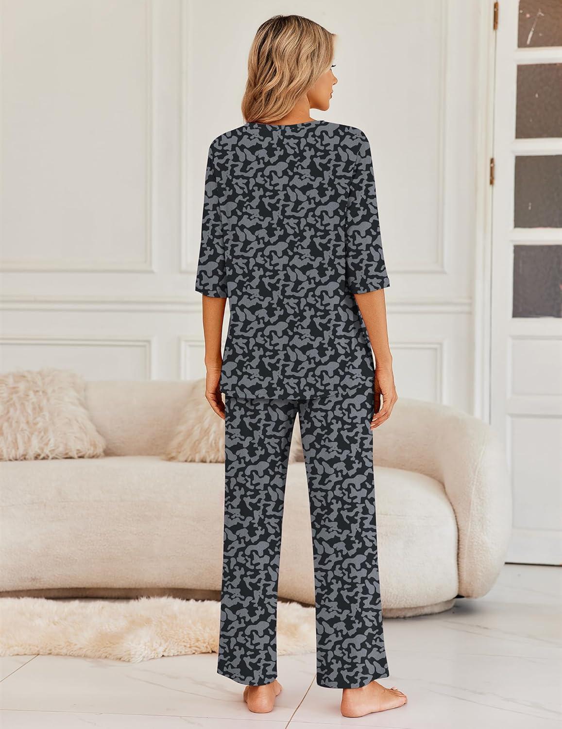 imageEkouaer Womens Lounge Sets 2 Piece Pajamas Sets 34 Sleeve Tops and Long Pants Soft Pjs Loungewear with PocketsBlack Leopard