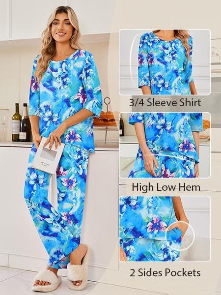 imageEkouaer Womens Lounge Sets 2 Piece Pajamas Sets 34 Sleeve Tops and Long Pants Soft Pjs Loungewear with PocketsBlue Floral Print