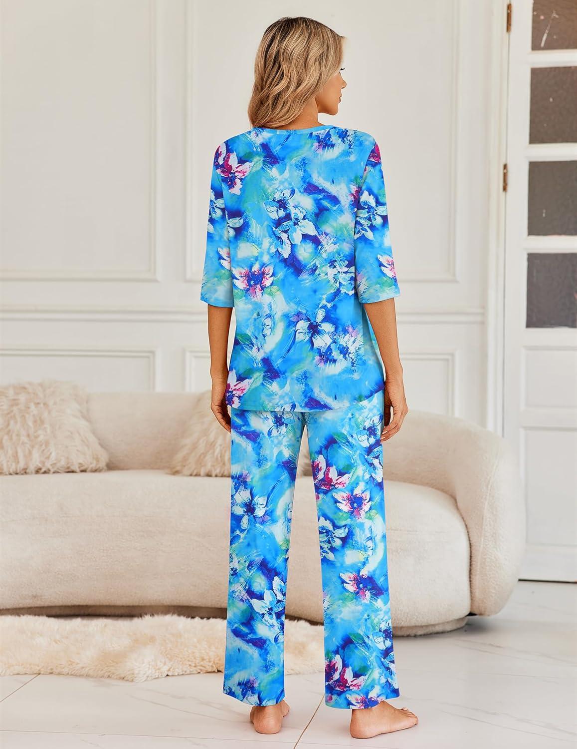 imageEkouaer Womens Lounge Sets 2 Piece Pajamas Sets 34 Sleeve Tops and Long Pants Soft Pjs Loungewear with PocketsBlue Floral Print