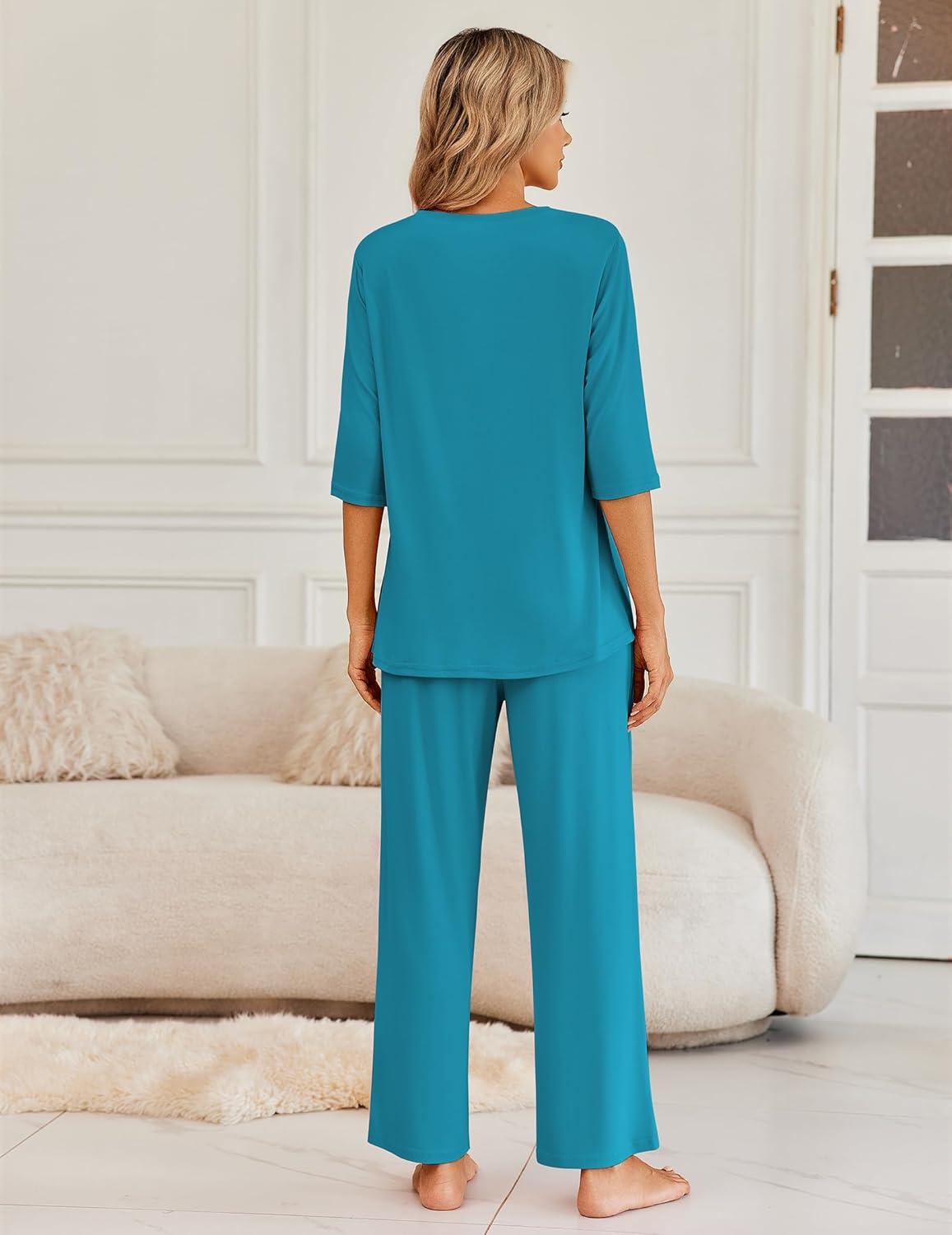imageEkouaer Womens Lounge Sets 2 Piece Pajamas Sets 34 Sleeve Tops and Long Pants Soft Pjs Loungewear with PocketsBlue Green
