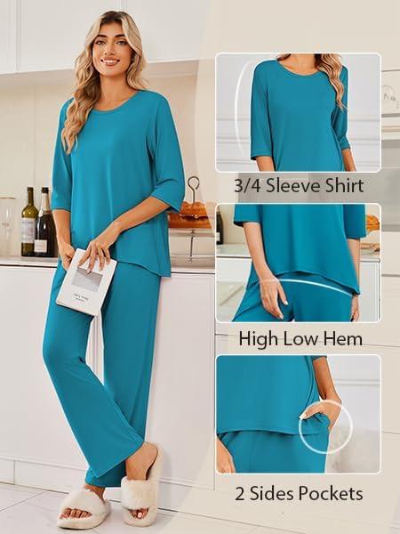 imageEkouaer Womens Lounge Sets 2 Piece Pajamas Sets 34 Sleeve Tops and Long Pants Soft Pjs Loungewear with PocketsBlue Green