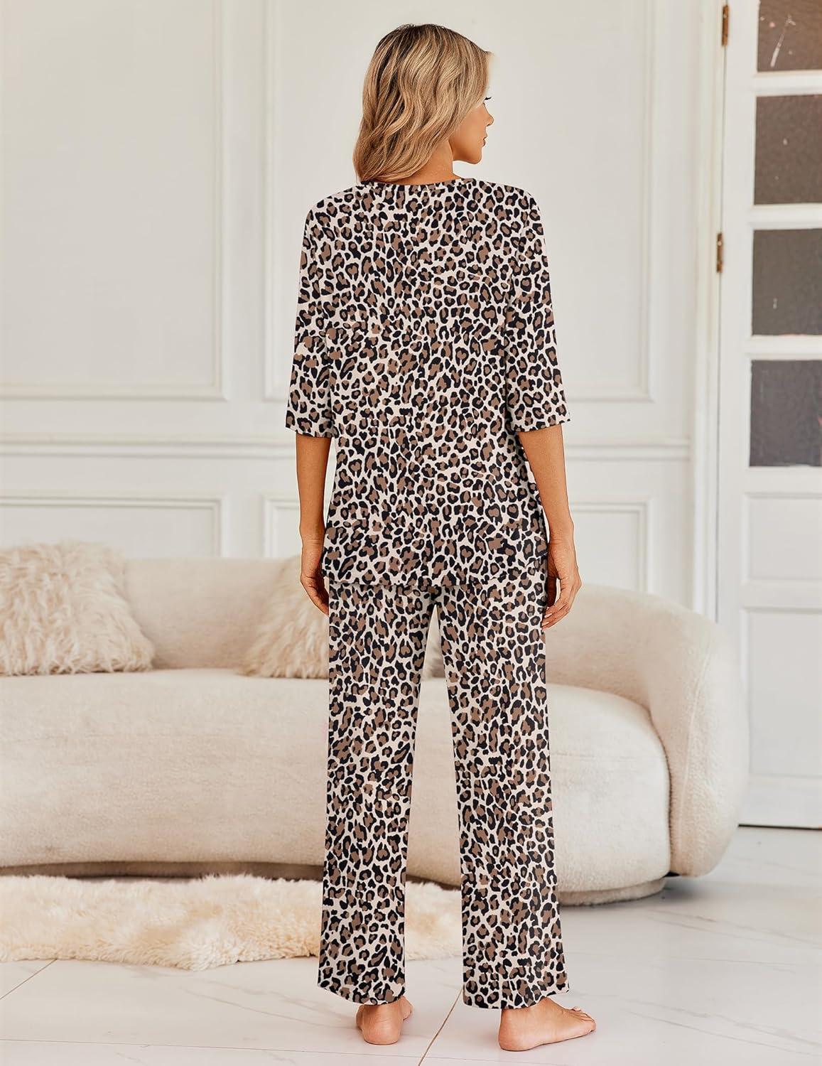 imageEkouaer Womens Lounge Sets 2 Piece Pajamas Sets 34 Sleeve Tops and Long Pants Soft Pjs Loungewear with PocketsBrown Leopard