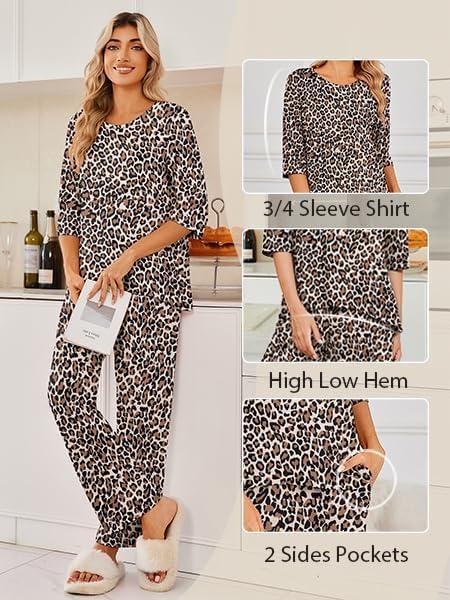 imageEkouaer Womens Lounge Sets 2 Piece Pajamas Sets 34 Sleeve Tops and Long Pants Soft Pjs Loungewear with PocketsBrown Leopard