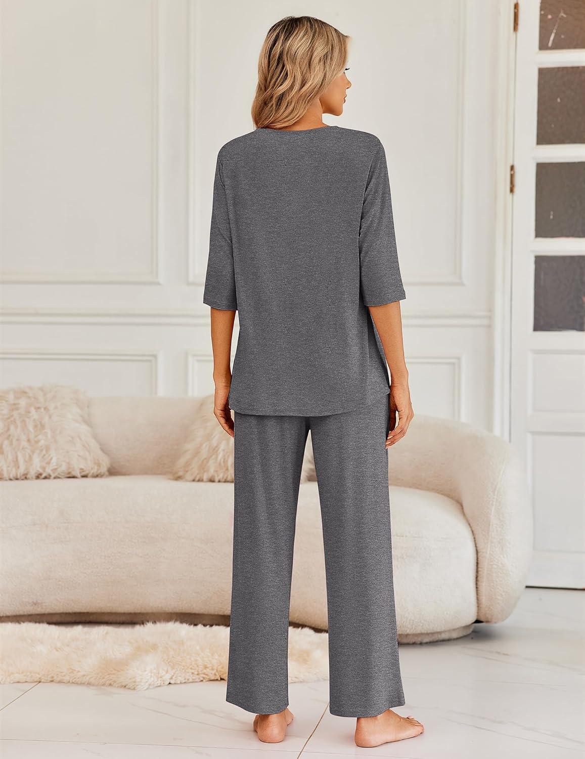 imageEkouaer Womens Lounge Sets 2 Piece Pajamas Sets 34 Sleeve Tops and Long Pants Soft Pjs Loungewear with PocketsDark Grey