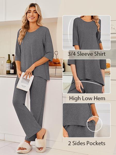 imageEkouaer Womens Lounge Sets 2 Piece Pajamas Sets 34 Sleeve Tops and Long Pants Soft Pjs Loungewear with PocketsDark Grey
