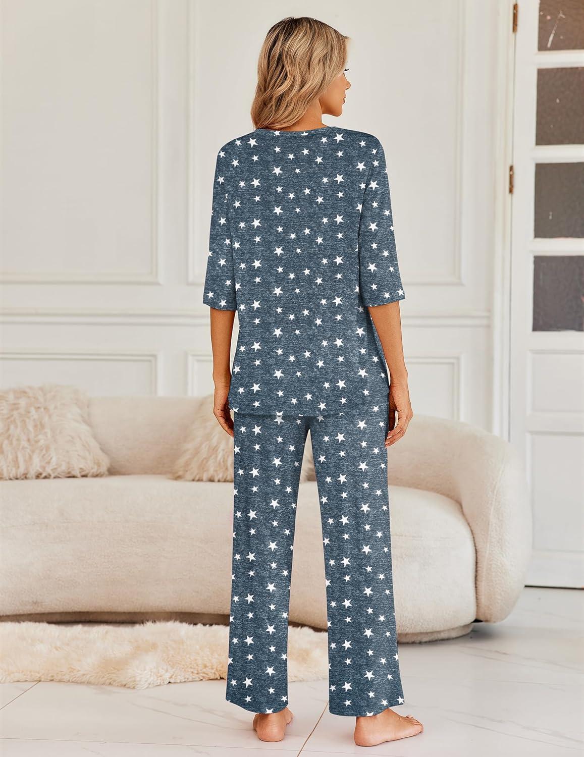 imageEkouaer Womens Lounge Sets 2 Piece Pajamas Sets 34 Sleeve Tops and Long Pants Soft Pjs Loungewear with PocketsDark Grey Star