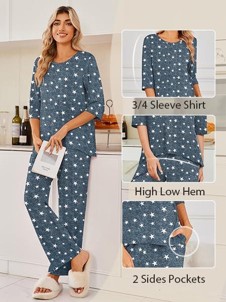 imageEkouaer Womens Lounge Sets 2 Piece Pajamas Sets 34 Sleeve Tops and Long Pants Soft Pjs Loungewear with PocketsDark Grey Star