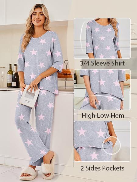 imageEkouaer Womens Lounge Sets 2 Piece Pajamas Sets 34 Sleeve Tops and Long Pants Soft Pjs Loungewear with PocketsGrey Star