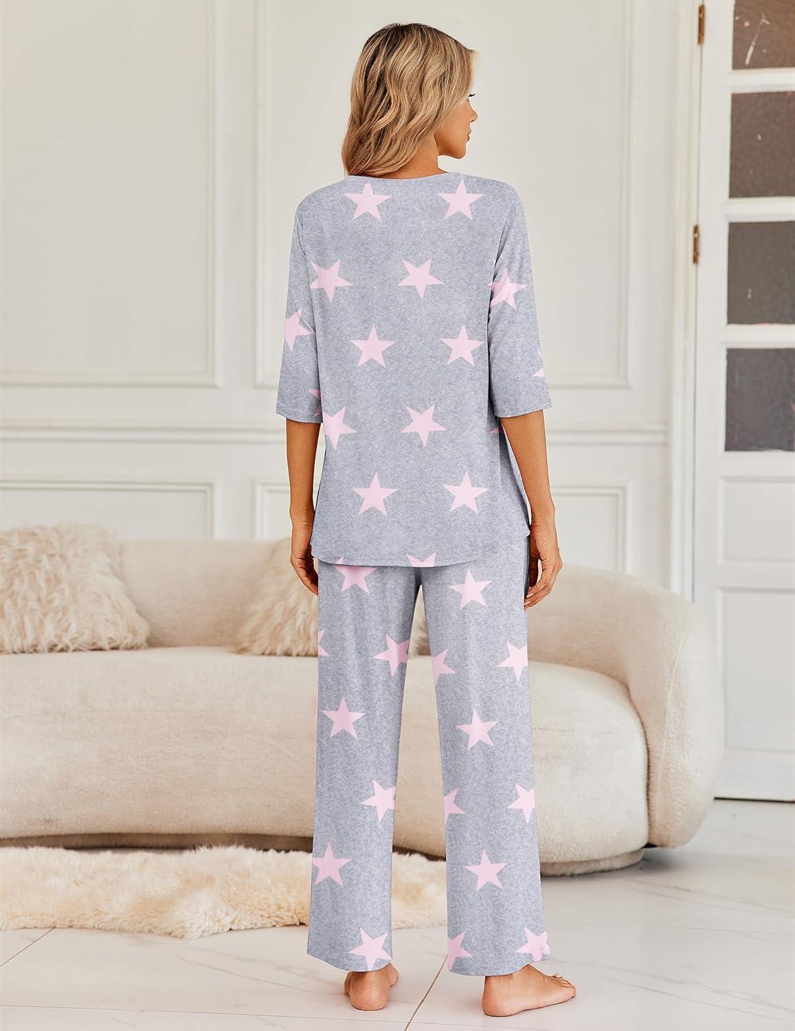 imageEkouaer Womens Lounge Sets 2 Piece Pajamas Sets 34 Sleeve Tops and Long Pants Soft Pjs Loungewear with PocketsGrey Star
