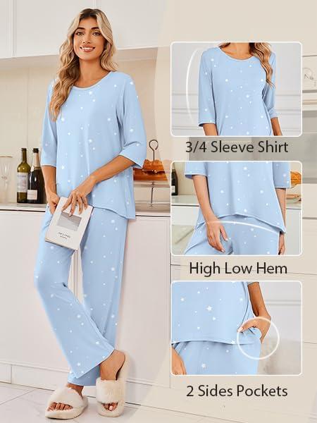 imageEkouaer Womens Lounge Sets 2 Piece Pajamas Sets 34 Sleeve Tops and Long Pants Soft Pjs Loungewear with PocketsLight Blue Star