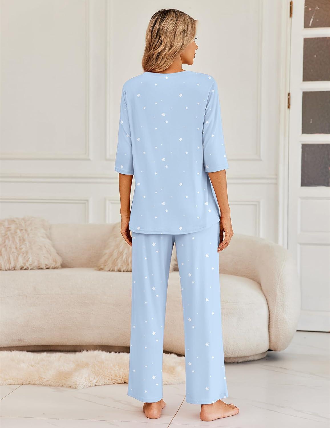 imageEkouaer Womens Lounge Sets 2 Piece Pajamas Sets 34 Sleeve Tops and Long Pants Soft Pjs Loungewear with PocketsLight Blue Star