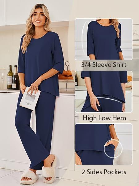 imageEkouaer Womens Lounge Sets 2 Piece Pajamas Sets 34 Sleeve Tops and Long Pants Soft Pjs Loungewear with PocketsNavy Blue