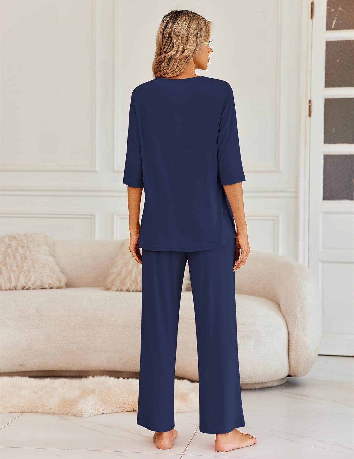 imageEkouaer Womens Lounge Sets 2 Piece Pajamas Sets 34 Sleeve Tops and Long Pants Soft Pjs Loungewear with PocketsNavy Blue