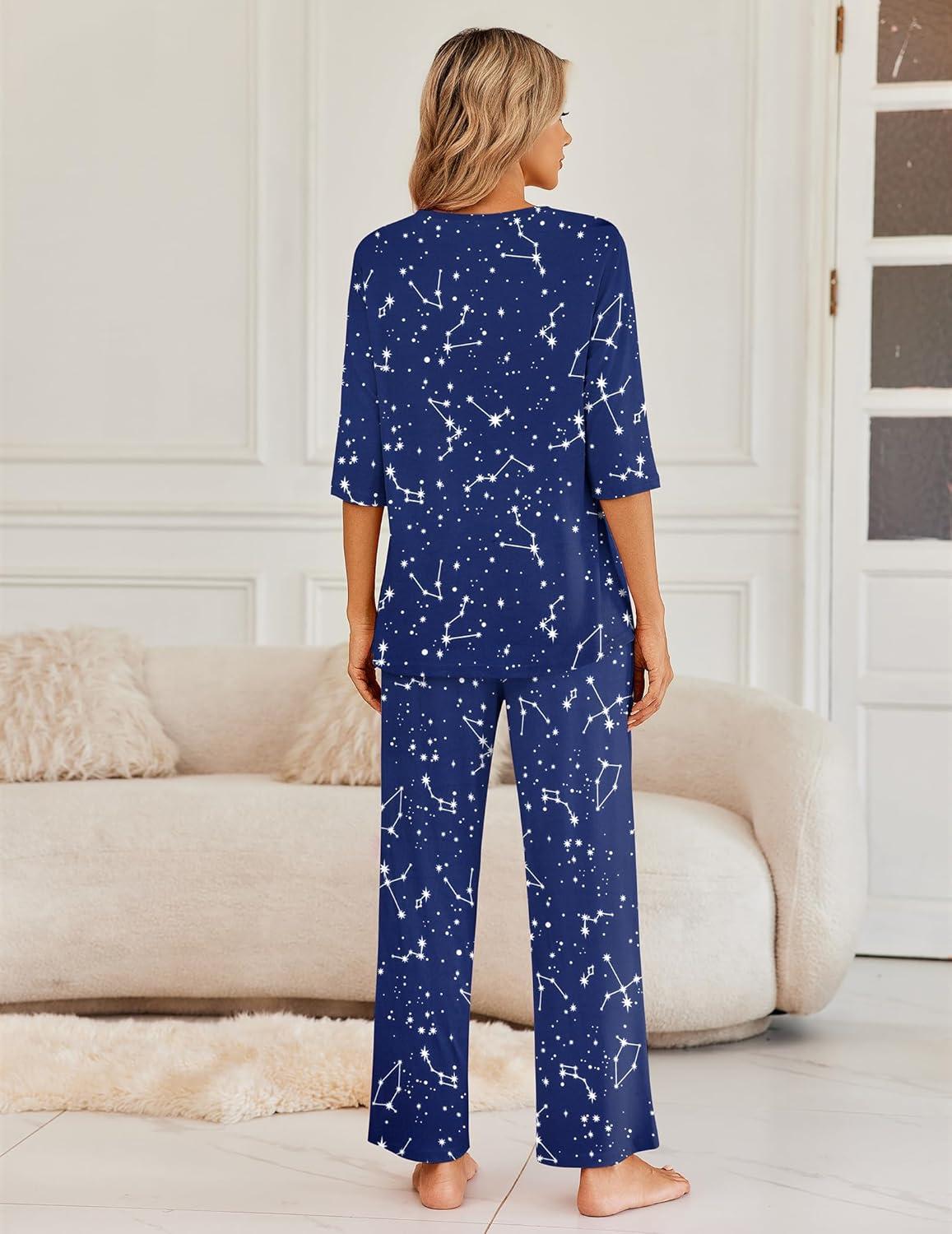 imageEkouaer Womens Lounge Sets 2 Piece Pajamas Sets 34 Sleeve Tops and Long Pants Soft Pjs Loungewear with PocketsNavy Star