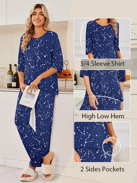 imageEkouaer Womens Lounge Sets 2 Piece Pajamas Sets 34 Sleeve Tops and Long Pants Soft Pjs Loungewear with PocketsNavy Star