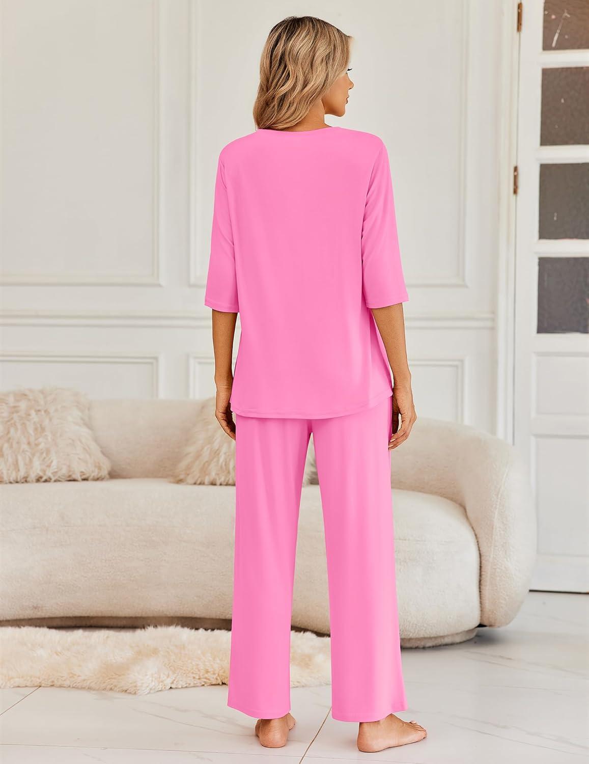 imageEkouaer Womens Lounge Sets 2 Piece Pajamas Sets 34 Sleeve Tops and Long Pants Soft Pjs Loungewear with PocketsPink