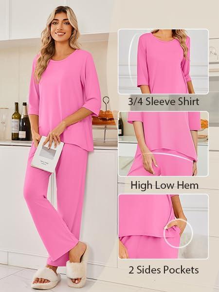 imageEkouaer Womens Lounge Sets 2 Piece Pajamas Sets 34 Sleeve Tops and Long Pants Soft Pjs Loungewear with PocketsPink