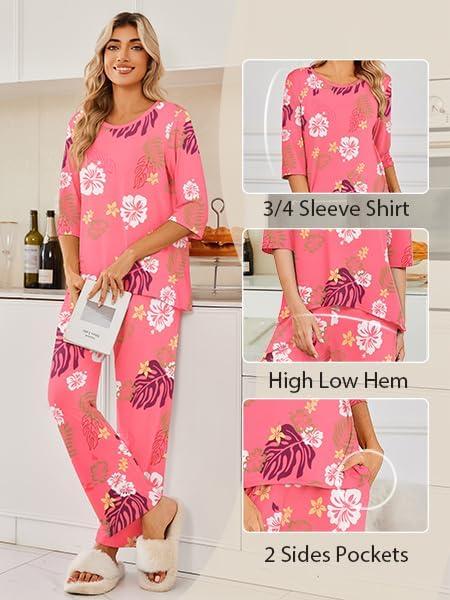 imageEkouaer Womens Lounge Sets 2 Piece Pajamas Sets 34 Sleeve Tops and Long Pants Soft Pjs Loungewear with PocketsPink Floral Print
