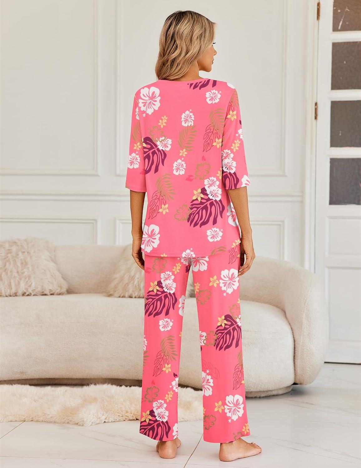 imageEkouaer Womens Lounge Sets 2 Piece Pajamas Sets 34 Sleeve Tops and Long Pants Soft Pjs Loungewear with PocketsPink Floral Print