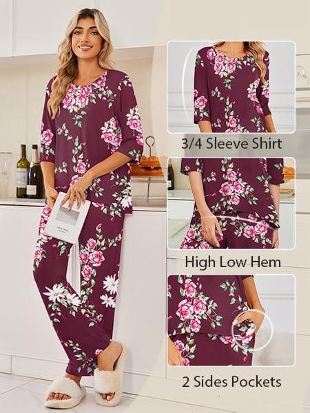 imageEkouaer Womens Lounge Sets 2 Piece Pajamas Sets 34 Sleeve Tops and Long Pants Soft Pjs Loungewear with PocketsRed Floral Print