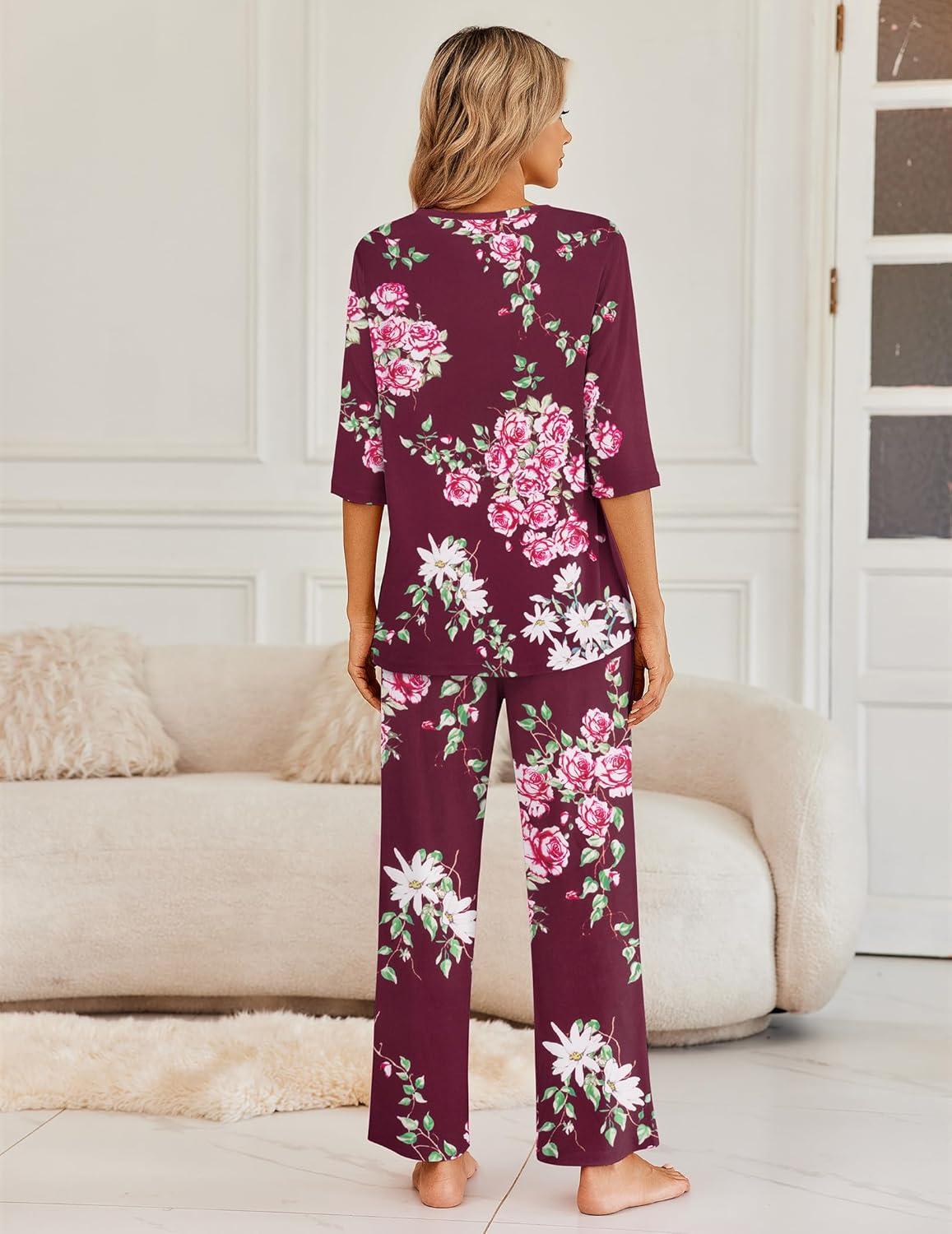 imageEkouaer Womens Lounge Sets 2 Piece Pajamas Sets 34 Sleeve Tops and Long Pants Soft Pjs Loungewear with PocketsRed Floral Print