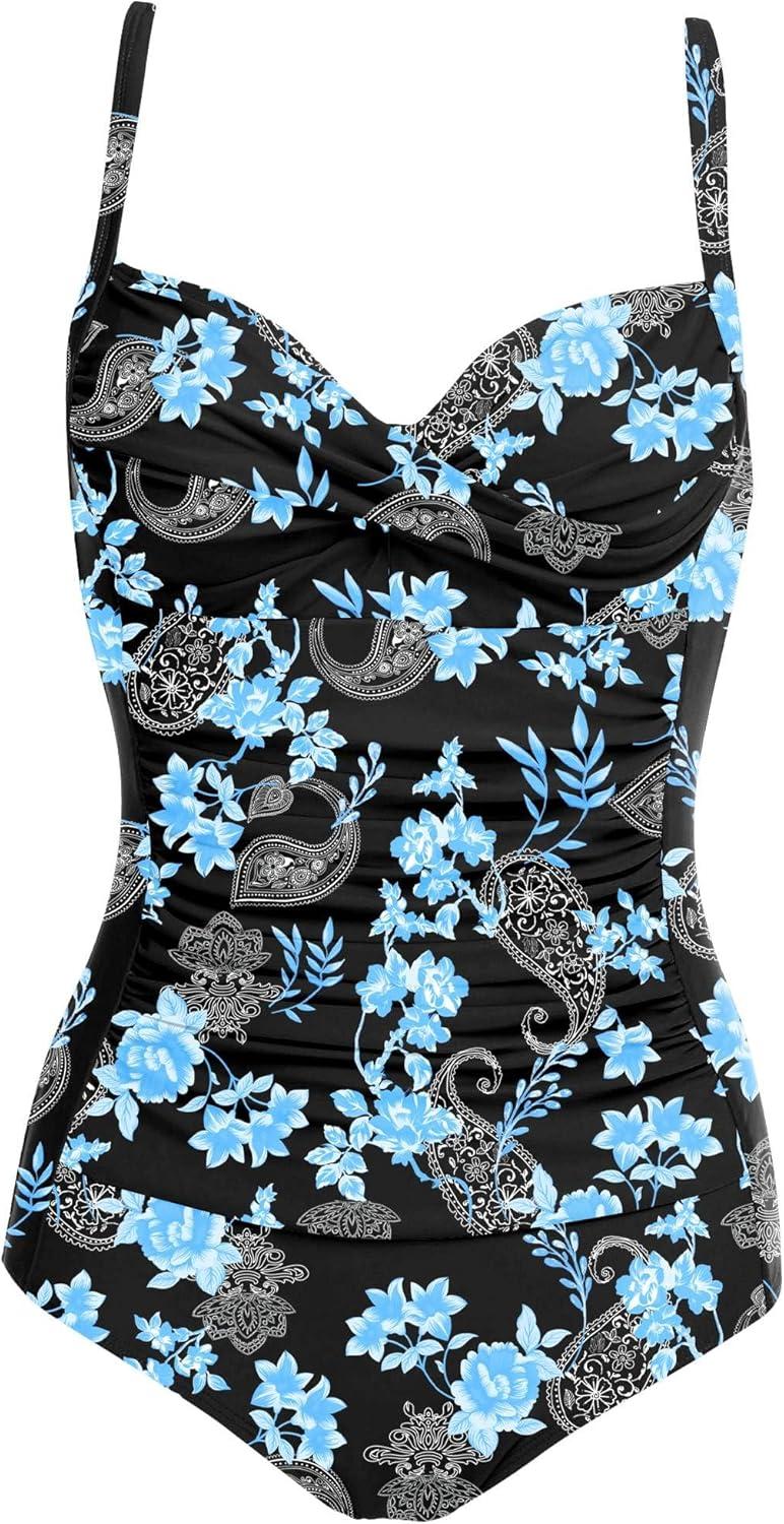imageEkouaer Womens One Piece Swimsuit Ruched Tummy Control Bathing Suits Vintage Retro Push Up SwimwearCashew Blossoms