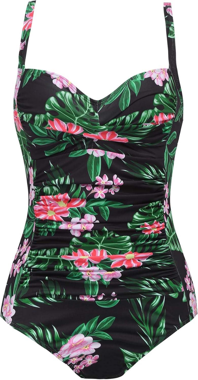 imageEkouaer Womens One Piece Swimsuit Ruched Tummy Control Bathing Suits Vintage Retro Push Up SwimwearFlower Black Green