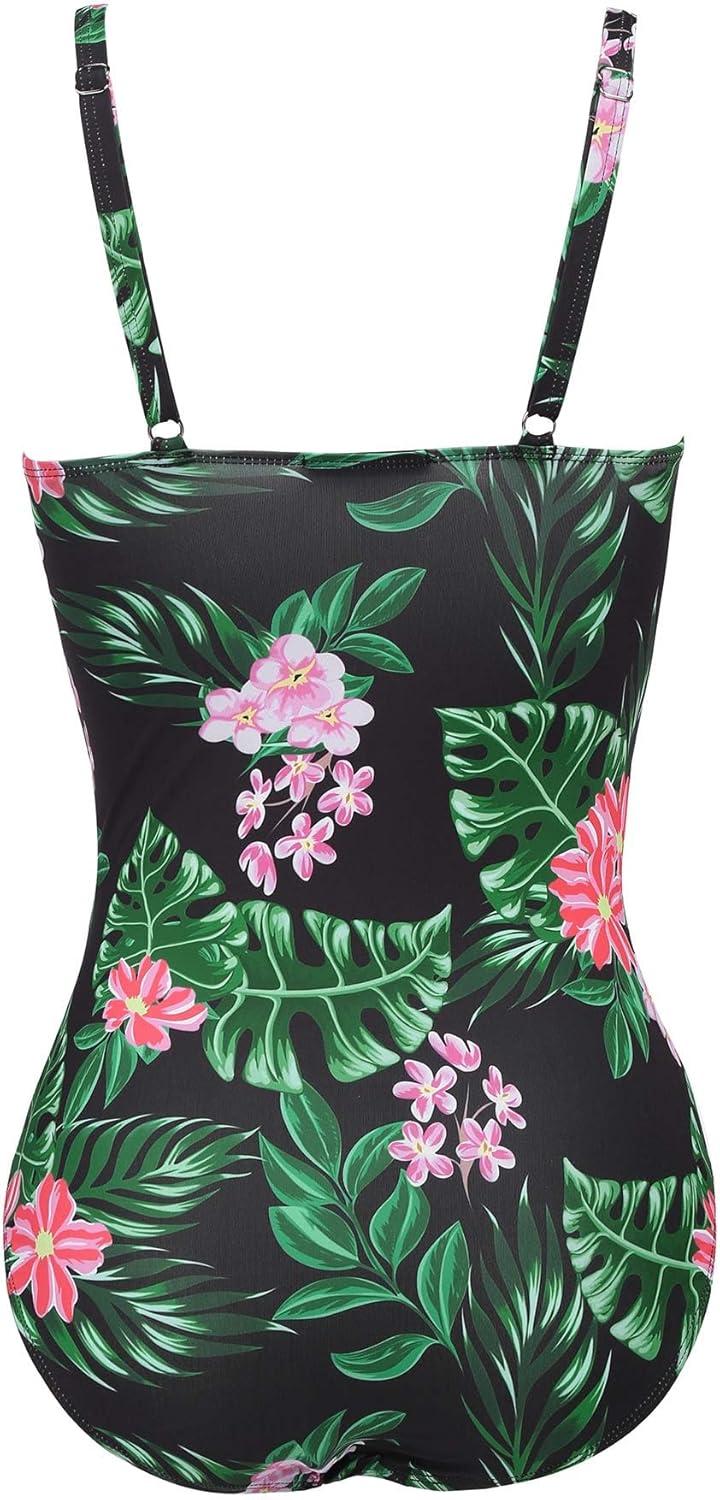 imageEkouaer Womens One Piece Swimsuit Ruched Tummy Control Bathing Suits Vintage Retro Push Up SwimwearFlower Black Green