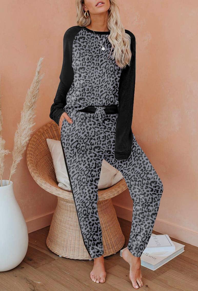 imageEkouaer Womens Pajama Set Long Sleeve PJs 2 Piece Lounge Set Pullover Sleepwear Sweatshirt and Long Pants With PocketsBlack Leopard