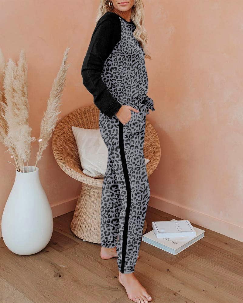imageEkouaer Womens Pajama Set Long Sleeve PJs 2 Piece Lounge Set Pullover Sleepwear Sweatshirt and Long Pants With PocketsBlack Leopard