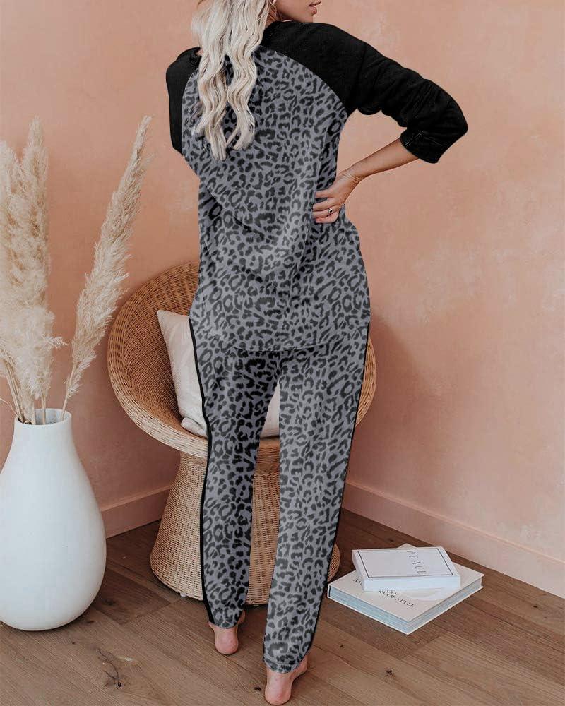 imageEkouaer Womens Pajama Set Long Sleeve PJs 2 Piece Lounge Set Pullover Sleepwear Sweatshirt and Long Pants With PocketsBlack Leopard
