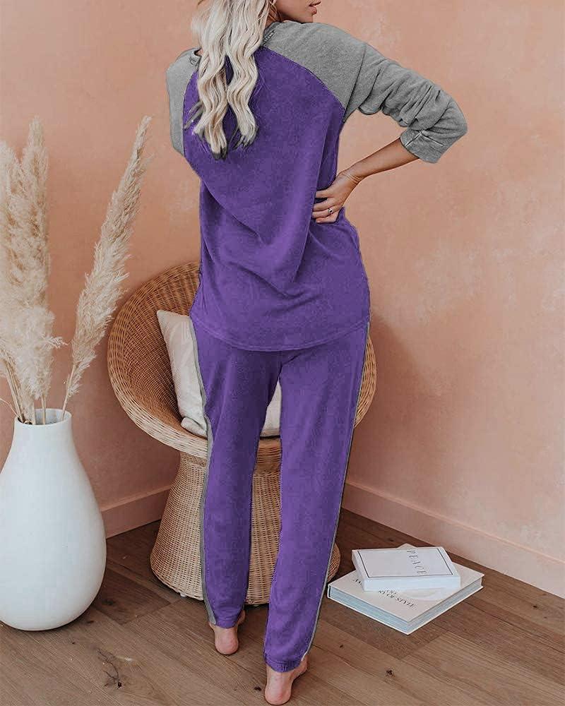 imageEkouaer Womens Pajama Set Long Sleeve PJs 2 Piece Lounge Set Pullover Sleepwear Sweatshirt and Long Pants With PocketsBlue Purple