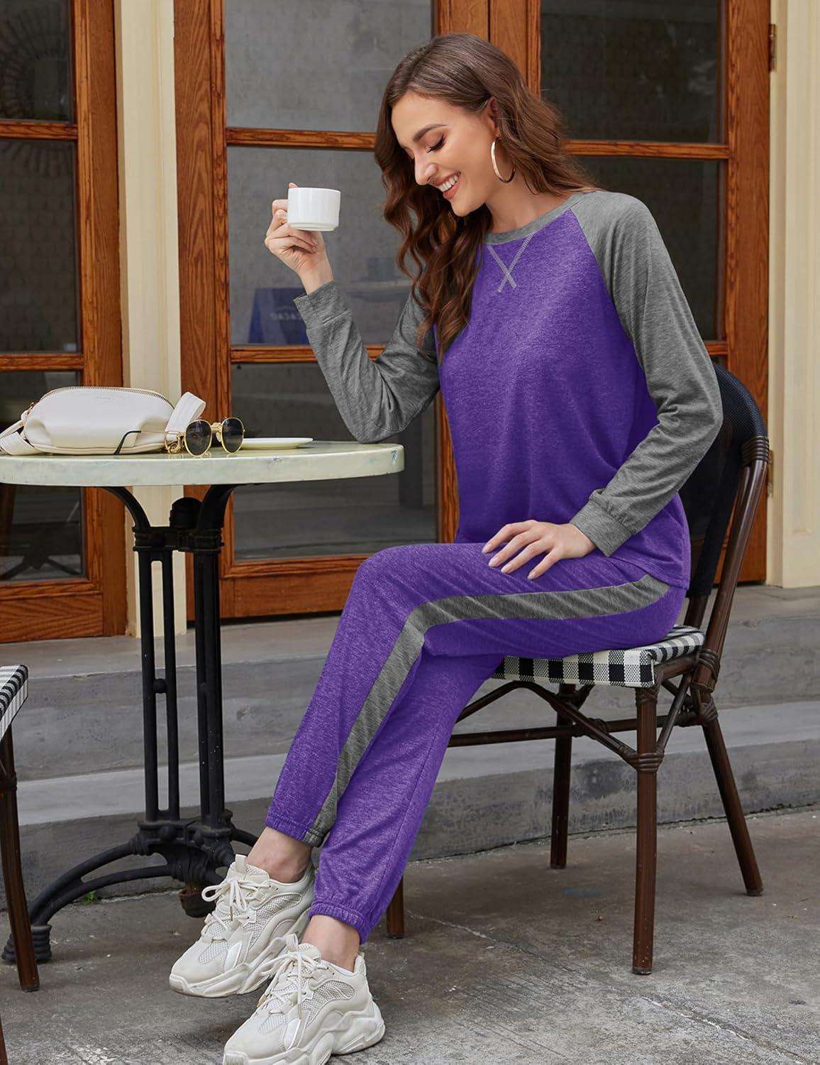 imageEkouaer Womens Pajama Set Long Sleeve PJs 2 Piece Lounge Set Pullover Sleepwear Sweatshirt and Long Pants With PocketsBlue Purple