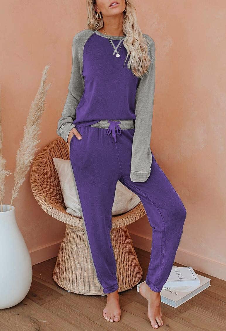 imageEkouaer Womens Pajama Set Long Sleeve PJs 2 Piece Lounge Set Pullover Sleepwear Sweatshirt and Long Pants With PocketsBlue Purple