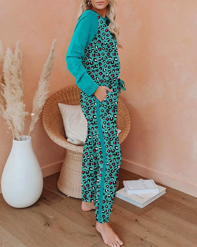 imageEkouaer Womens Pajama Set Long Sleeve PJs 2 Piece Lounge Set Pullover Sleepwear Sweatshirt and Long Pants With PocketsGreen Leopard
