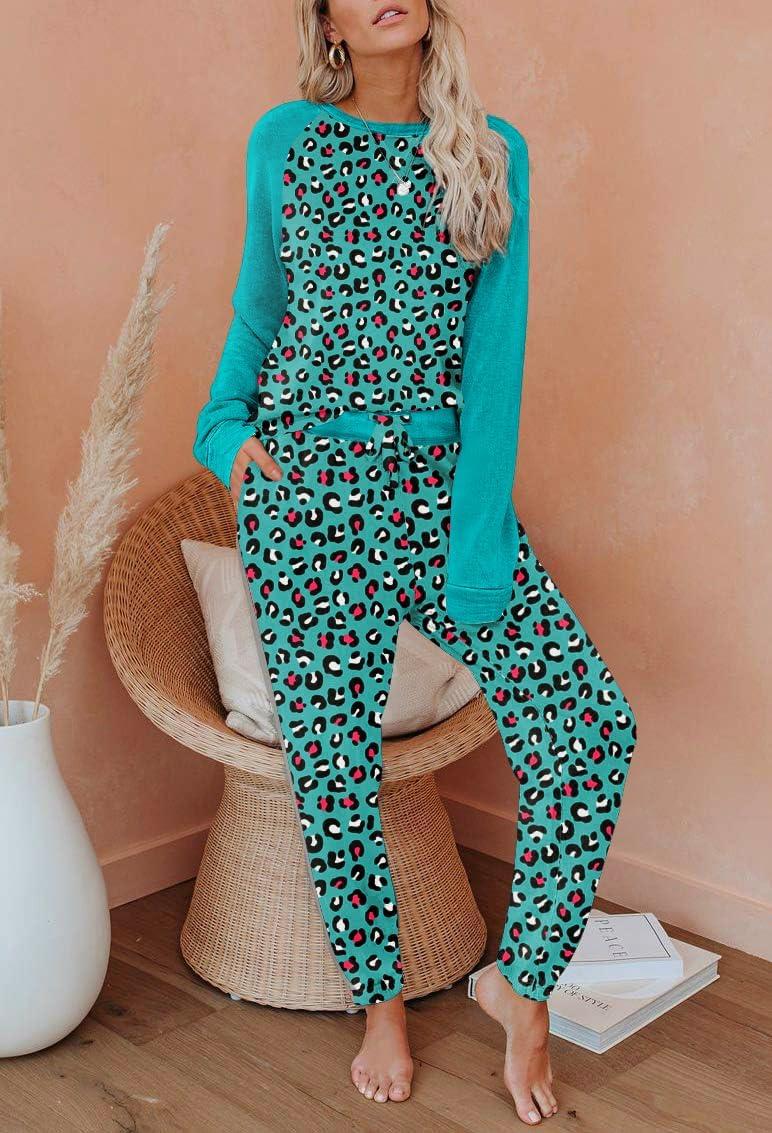imageEkouaer Womens Pajama Set Long Sleeve PJs 2 Piece Lounge Set Pullover Sleepwear Sweatshirt and Long Pants With PocketsGreen Leopard