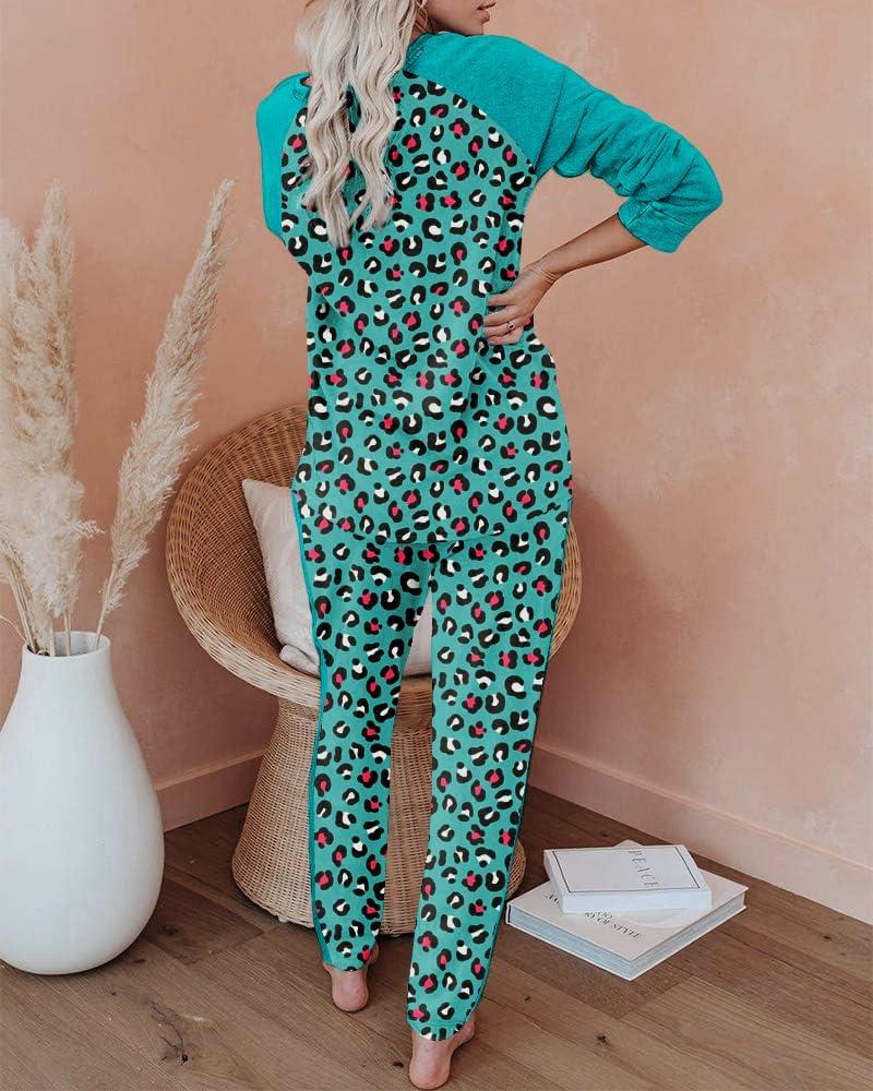 imageEkouaer Womens Pajama Set Long Sleeve PJs 2 Piece Lounge Set Pullover Sleepwear Sweatshirt and Long Pants With PocketsGreen Leopard