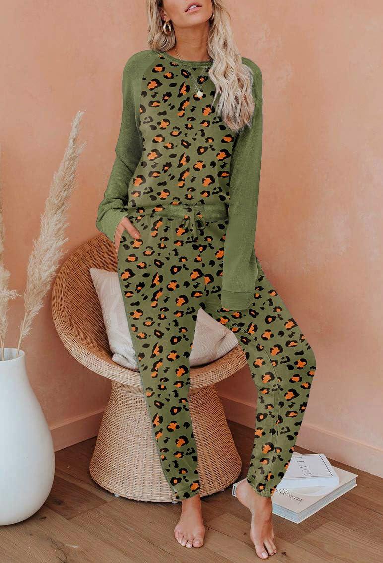 imageEkouaer Womens Pajama Set Long Sleeve PJs 2 Piece Lounge Set Pullover Sleepwear Sweatshirt and Long Pants With PocketsMilitary Green Leopard