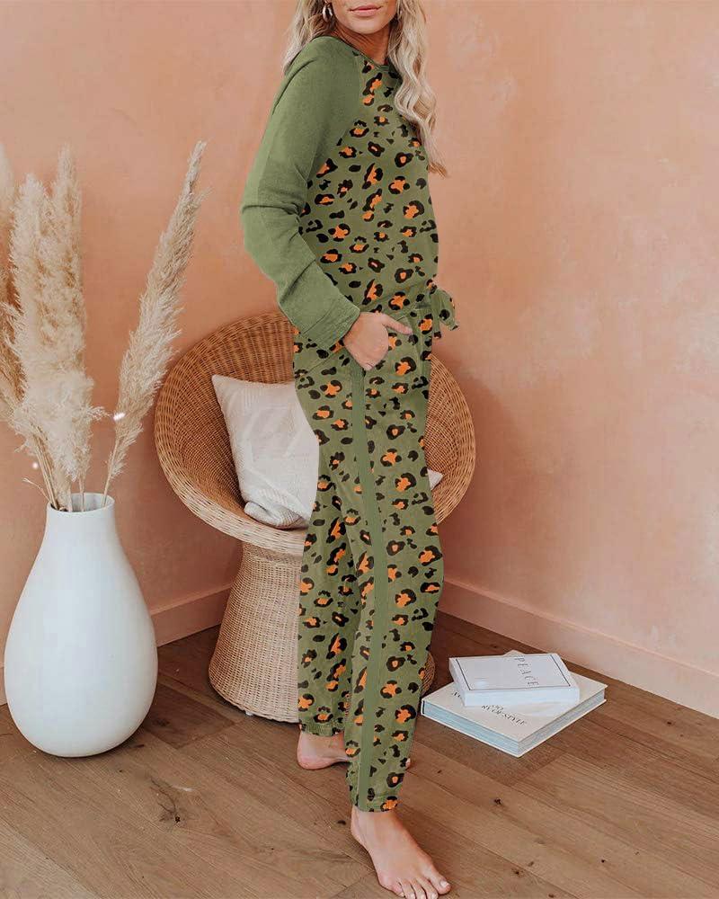 imageEkouaer Womens Pajama Set Long Sleeve PJs 2 Piece Lounge Set Pullover Sleepwear Sweatshirt and Long Pants With PocketsMilitary Green Leopard
