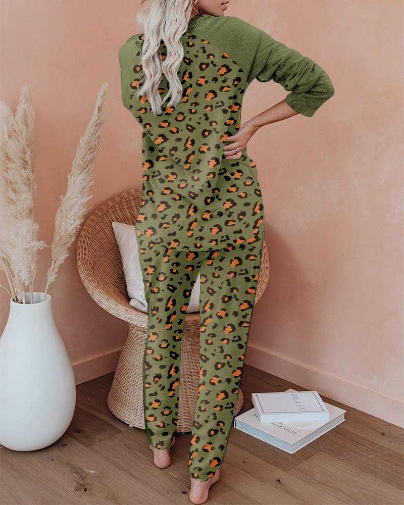 imageEkouaer Womens Pajama Set Long Sleeve PJs 2 Piece Lounge Set Pullover Sleepwear Sweatshirt and Long Pants With PocketsMilitary Green Leopard