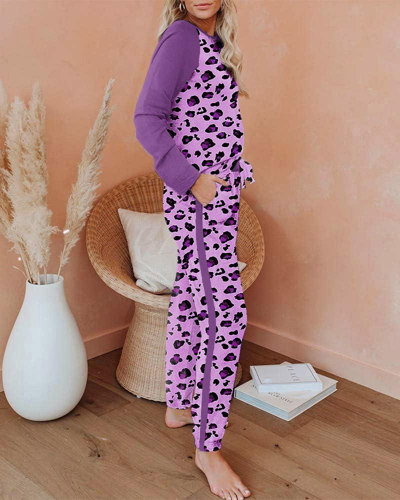 imageEkouaer Womens Pajama Set Long Sleeve PJs 2 Piece Lounge Set Pullover Sleepwear Sweatshirt and Long Pants With PocketsPurple Leopard