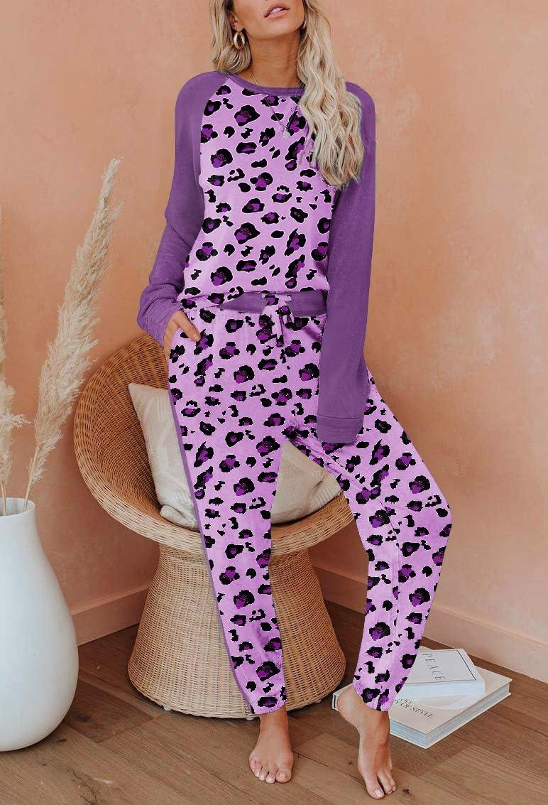 imageEkouaer Womens Pajama Set Long Sleeve PJs 2 Piece Lounge Set Pullover Sleepwear Sweatshirt and Long Pants With PocketsPurple Leopard