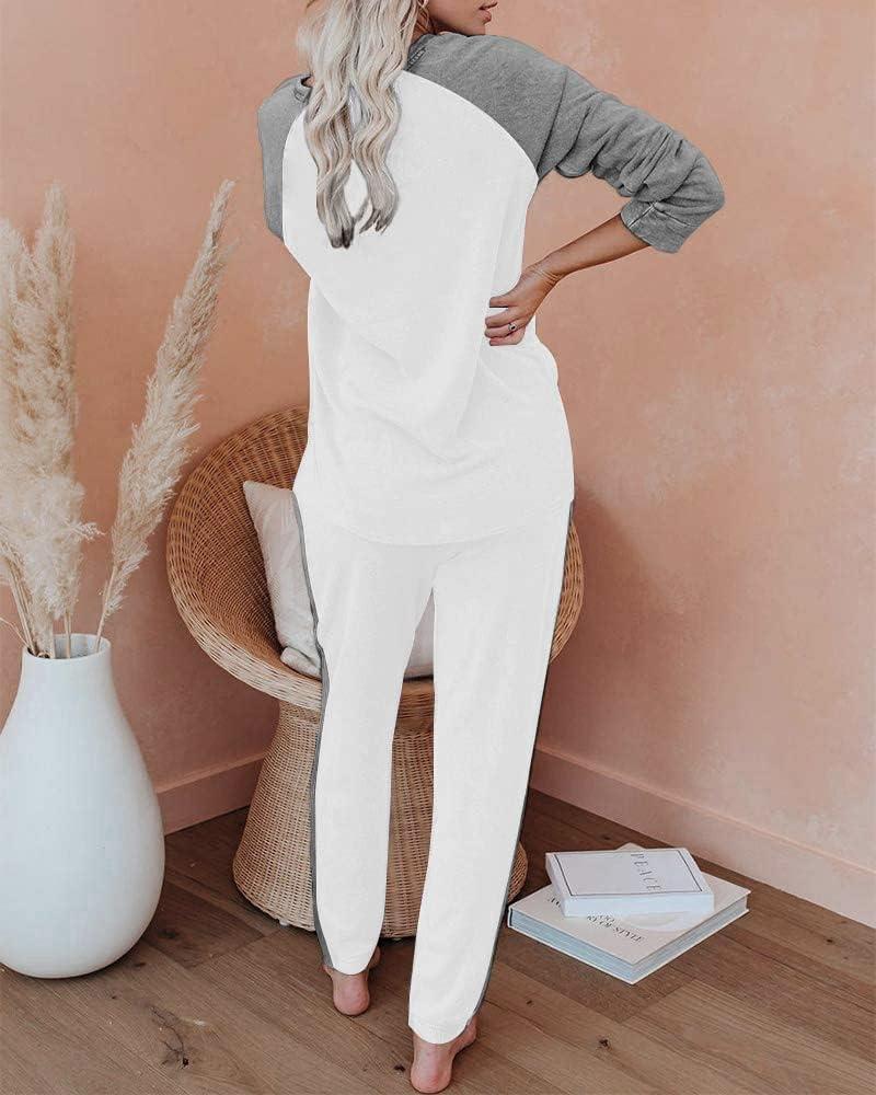 imageEkouaer Womens Pajama Set Long Sleeve PJs 2 Piece Lounge Set Pullover Sleepwear Sweatshirt and Long Pants With PocketsWhite