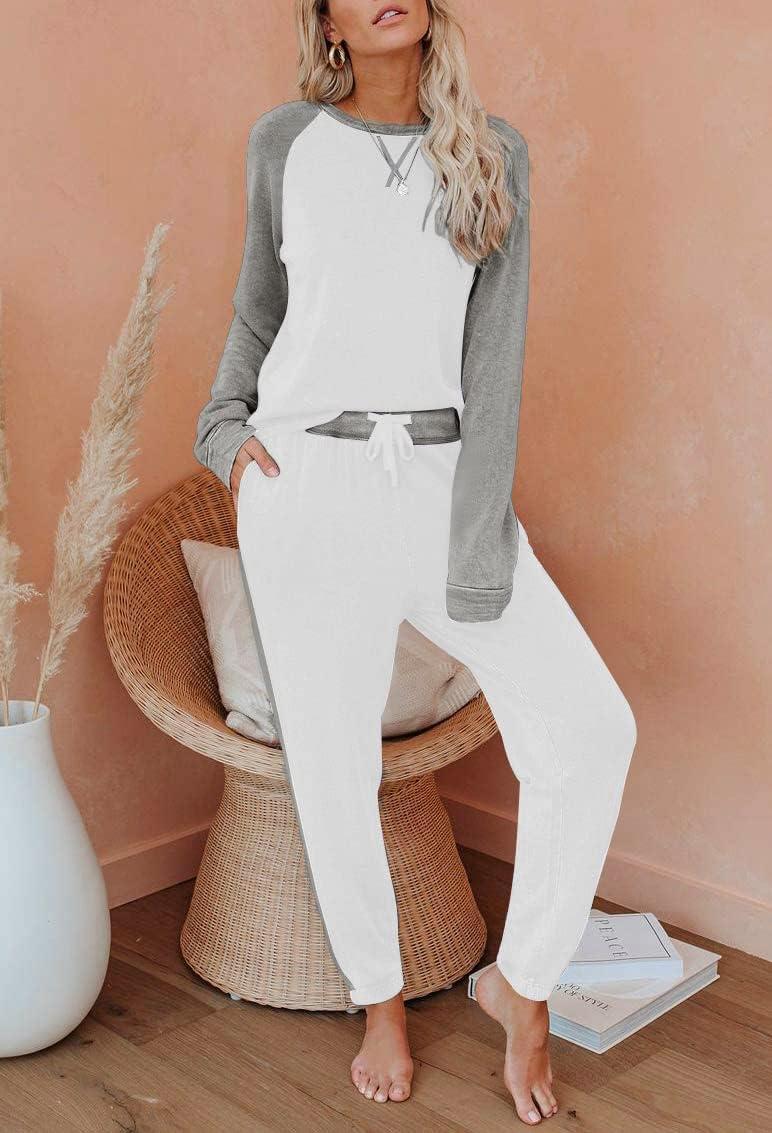 imageEkouaer Womens Pajama Set Long Sleeve PJs 2 Piece Lounge Set Pullover Sleepwear Sweatshirt and Long Pants With PocketsWhite