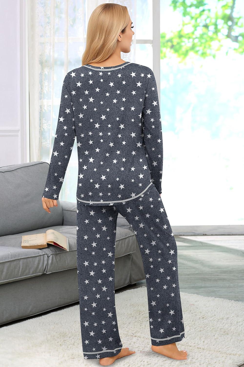 imageEkouaer Womens Pajama Sets Long Sleeve Top and Pant Pjs Sets Soft Sleepwear 2 Piece Lounge Sets with Pockets SXXLGrey Stars