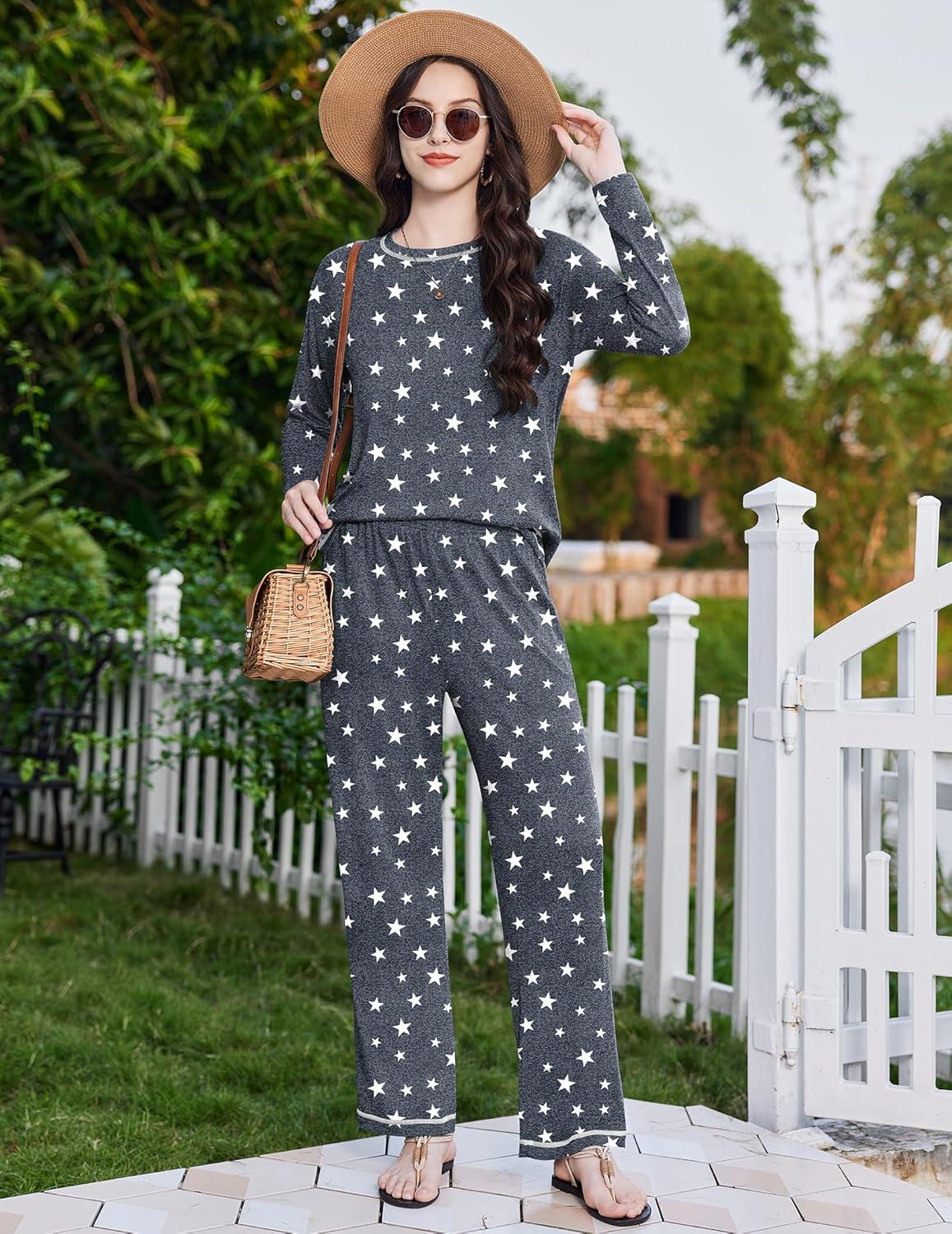 imageEkouaer Womens Pajama Sets Long Sleeve Top and Pant Pjs Sets Soft Sleepwear 2 Piece Lounge Sets with Pockets SXXLGrey Stars