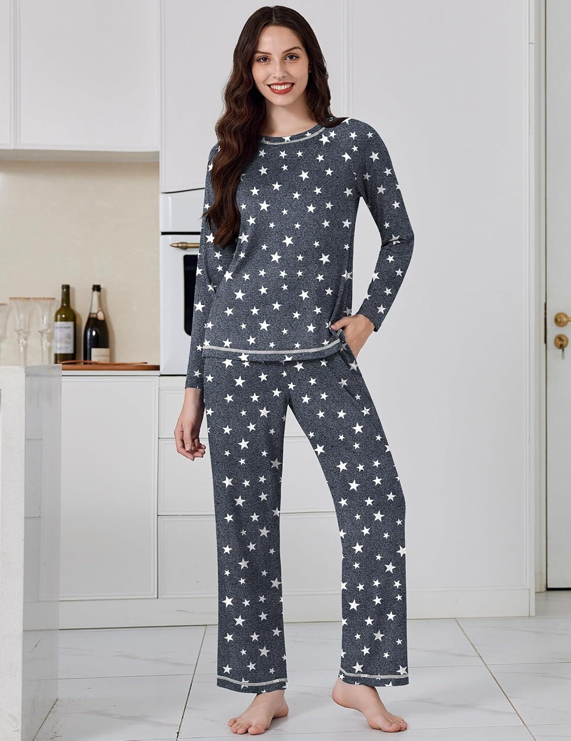 imageEkouaer Womens Pajama Sets Long Sleeve Top and Pant Pjs Sets Soft Sleepwear 2 Piece Lounge Sets with Pockets SXXLGrey Stars