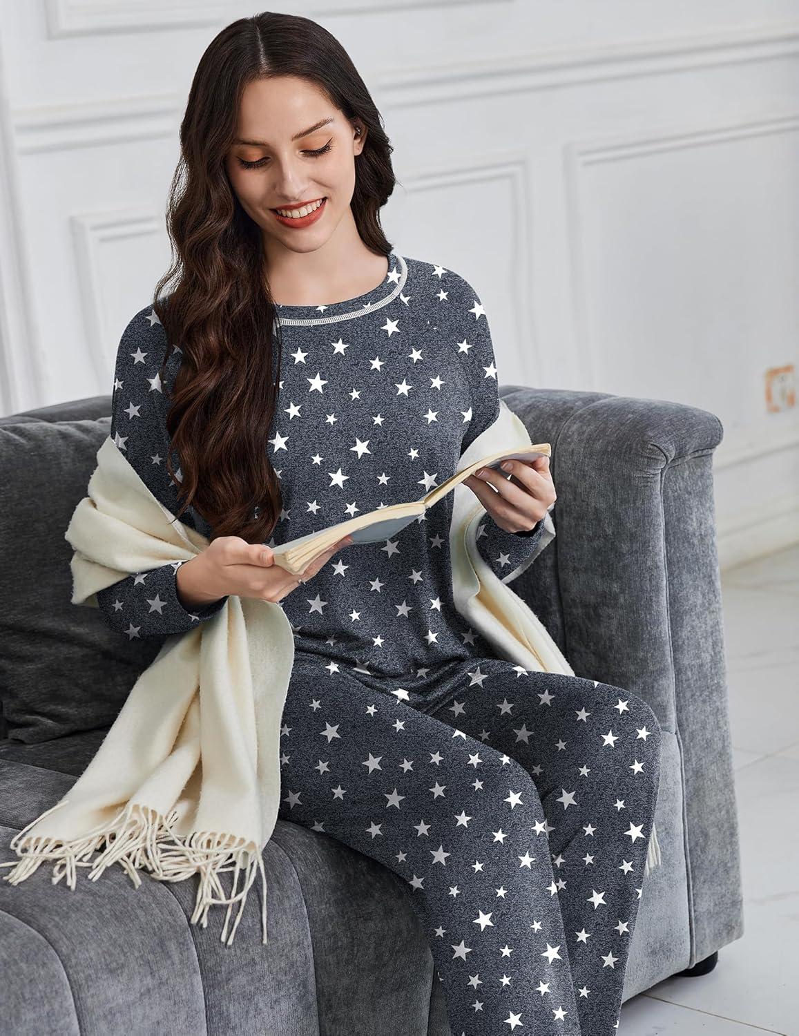 imageEkouaer Womens Pajama Sets Long Sleeve Top and Pant Pjs Sets Soft Sleepwear 2 Piece Lounge Sets with Pockets SXXLGrey Stars