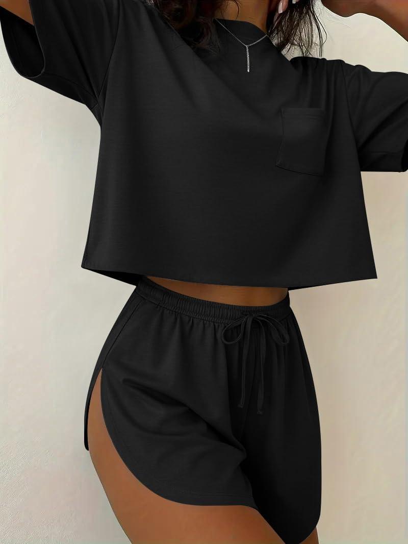 imageEkouaer Womens Pajama Sets Sexy Lounge Sets Side Split Short Pj Sets Cute Pjs 2 Piece Comfy Sleepwear LoungewearBlack