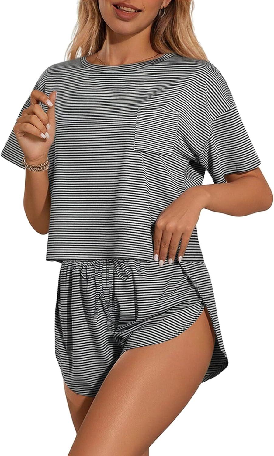 imageEkouaer Womens Pajama Sets Sexy Lounge Sets Side Split Short Pj Sets Cute Pjs 2 Piece Comfy Sleepwear LoungewearBlack and White Stripes